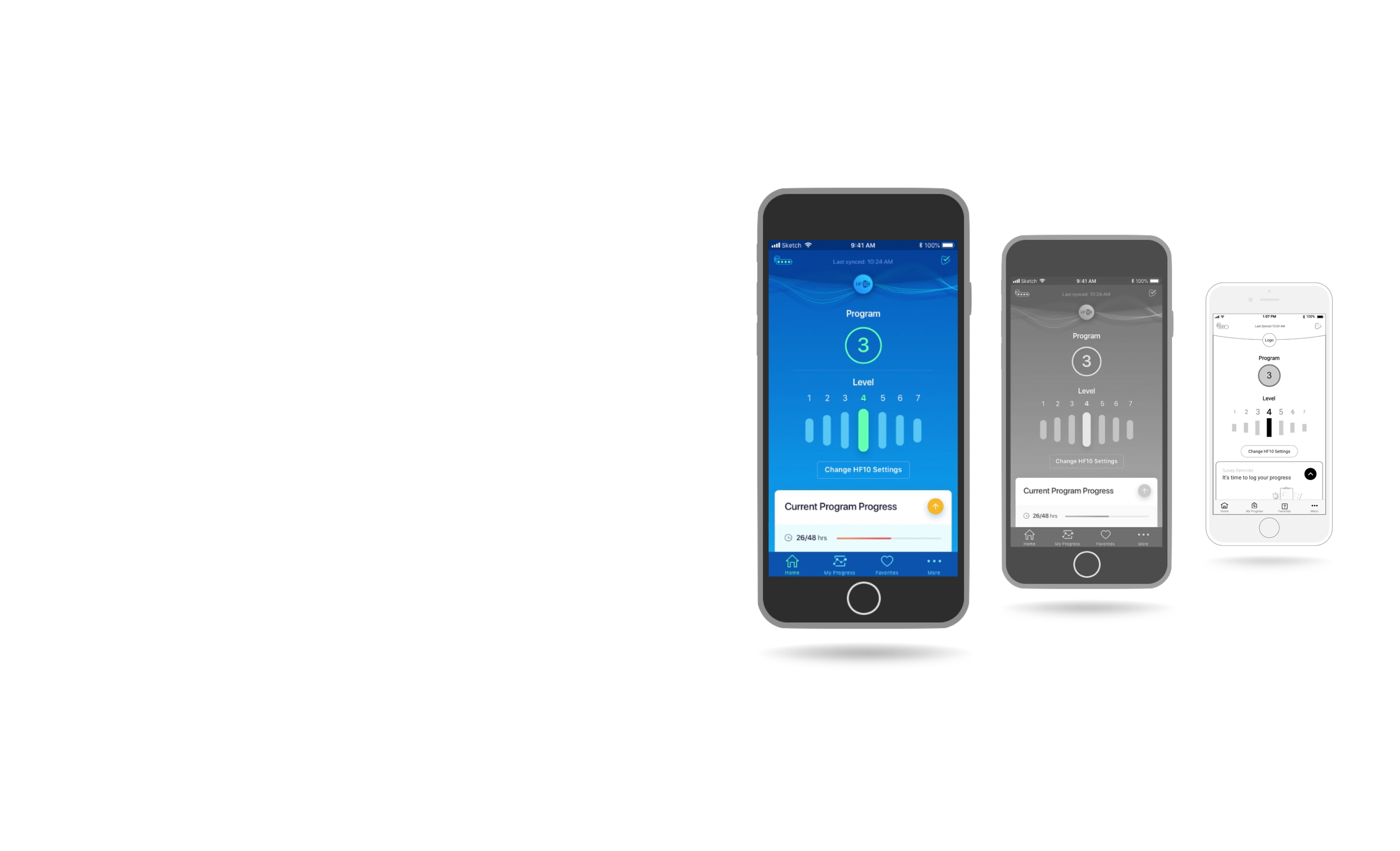 Nevro HFXiQ mobile app program control screens shown on three phone mockups
