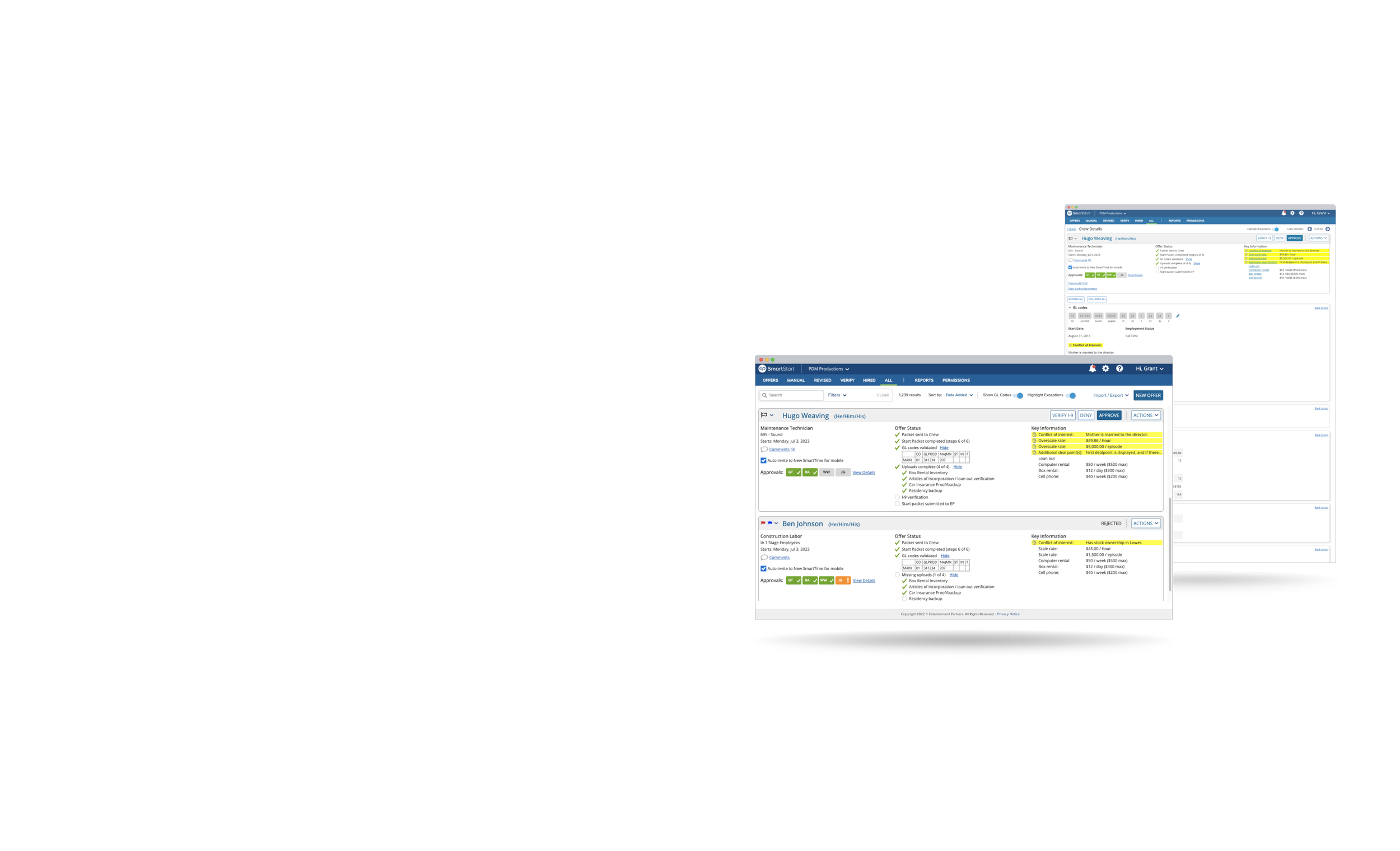 EP SmartStart roster list and crew drilldown interface mockups on desktop browser windows
