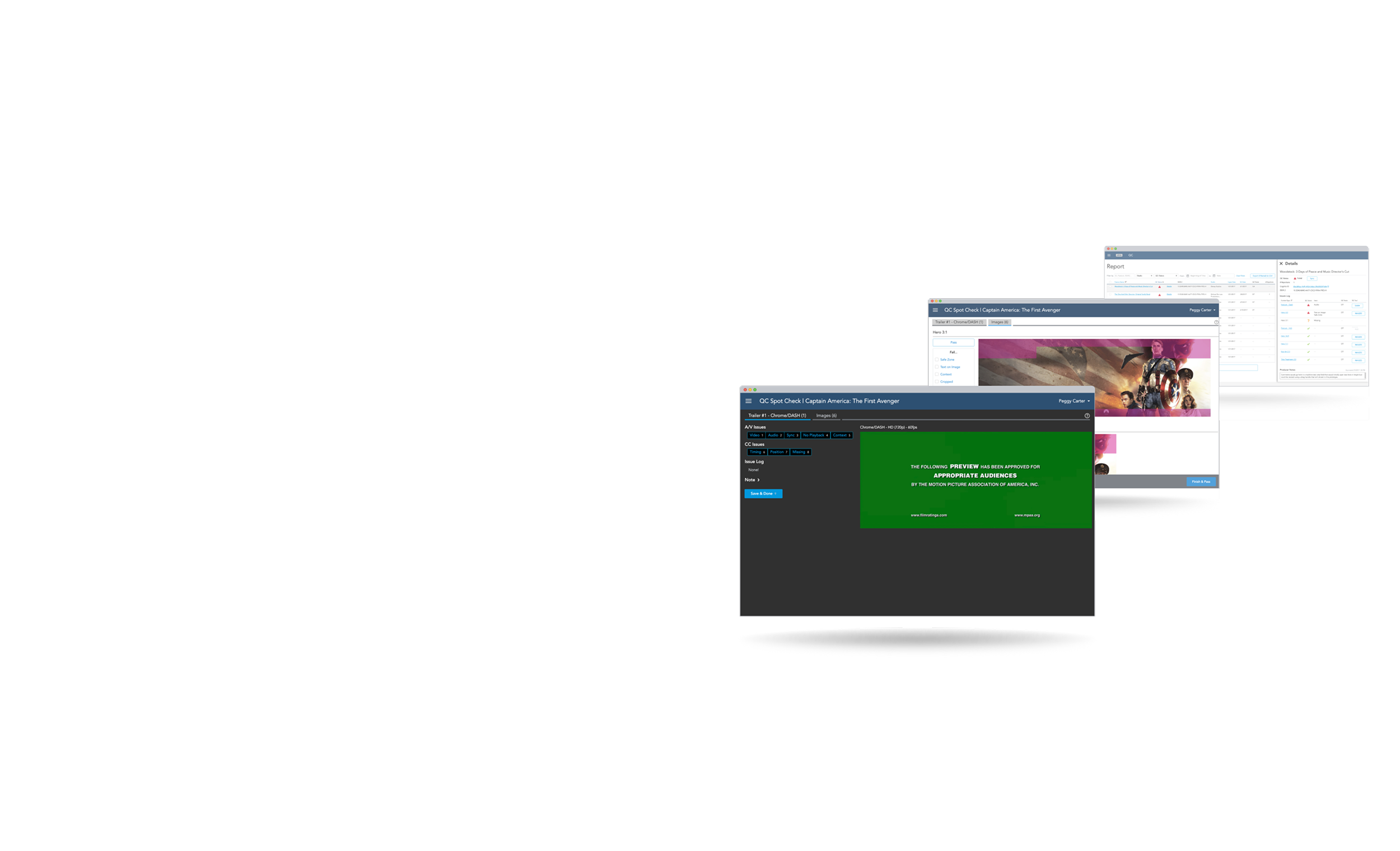 Disney MoviesAnywhere QC screening room desktop application mockups with video review panel